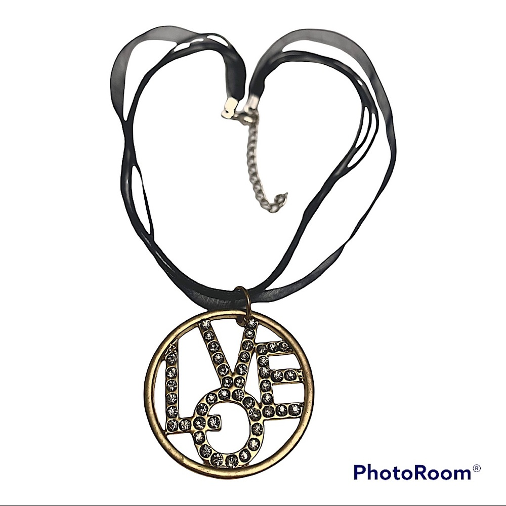Antiqued Finish Gold Plated Crystal LOVE Necklace on Black Strands - NEW